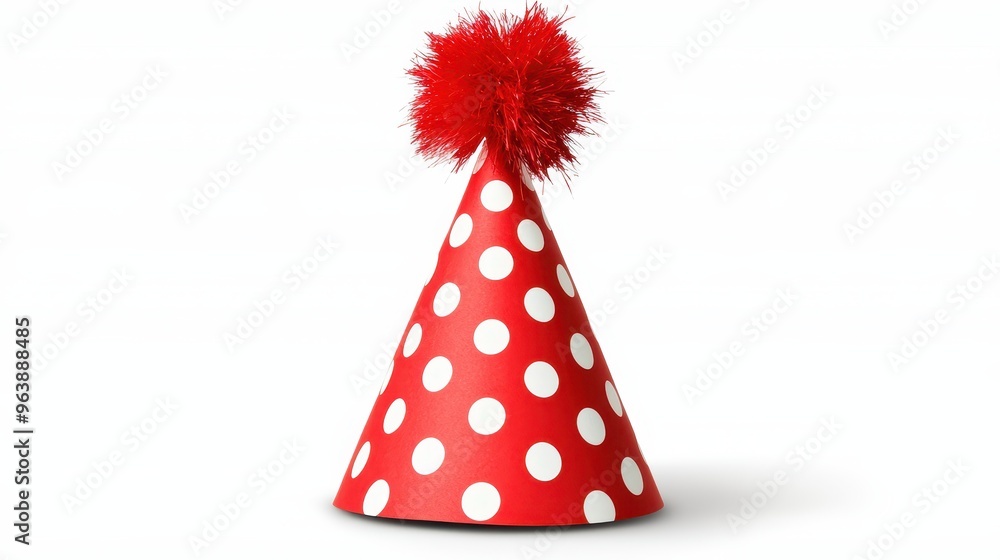 Red and White Polka Dot Party Hat with Pom Pom on White Background Red and White Polka Dot Party Hat with Pom Pom on White Background