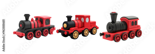 Toy train set isolated on transparent background, red wooden locomotive for kids play, isolated 3d illustration