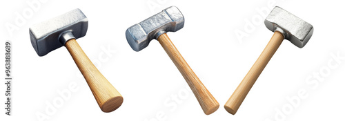 Hammer set isolated on transparent background, steel hammer with wooden handle, isolated 3d illustration