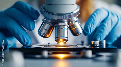 Close-Up of Blue-Gloved Hands Working with a Microscope in a Laboratory Setting