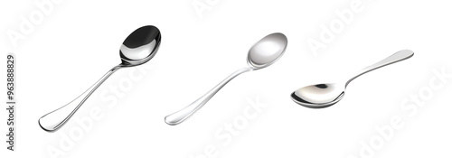 Cutlery spoon set isolated on transparent background, silver spoons for eating and serving, isolated 3d illustration