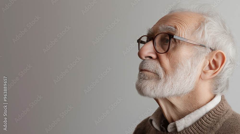 An older man with glasses looks up thoughtfully, wearing a cozy sweater. He seems lost in contemplation and reflection in a serene indoor setting, copy space An older man with glasses looks up thoughtfully, wearing a cozy sweater. He seems lost in contemplation and reflection in a serene indoor setting, copy space