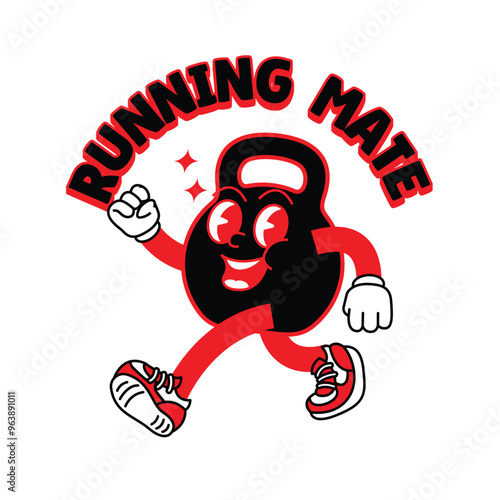 Gym Kettlebell retro mascot with hand and foot doing fitness. Retro cartoon stickers with funny comic characters and gloved hands. Kettlebell, dumbbell, fitness, gym, exercise Retro Mascot.