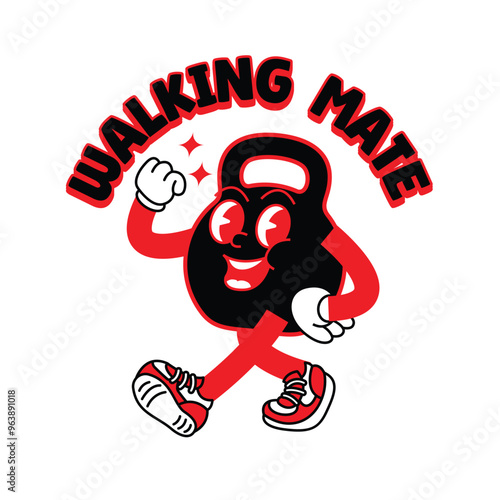 Gym Kettlebell retro mascot with hand and foot doing fitness. Retro cartoon stickers with funny comic characters and gloved hands. Kettlebell, dumbbell, fitness, gym, exercise Retro Mascot.