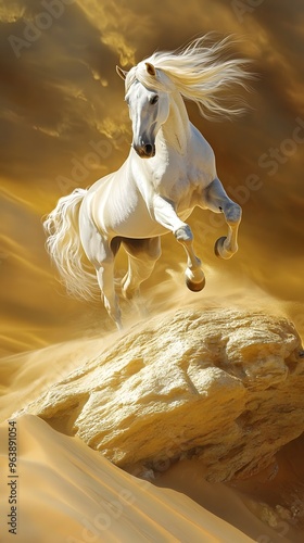 White Horse Leaping Over Rock in Desert Landscape photo