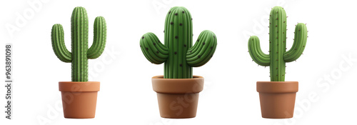 Set of green cactus plants in pots isolated on transparent background