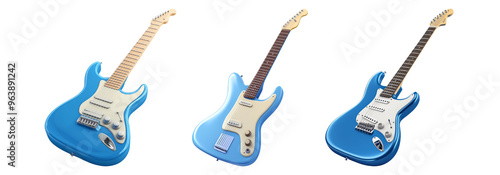 Set of blue electric guitars isolated on transparent background