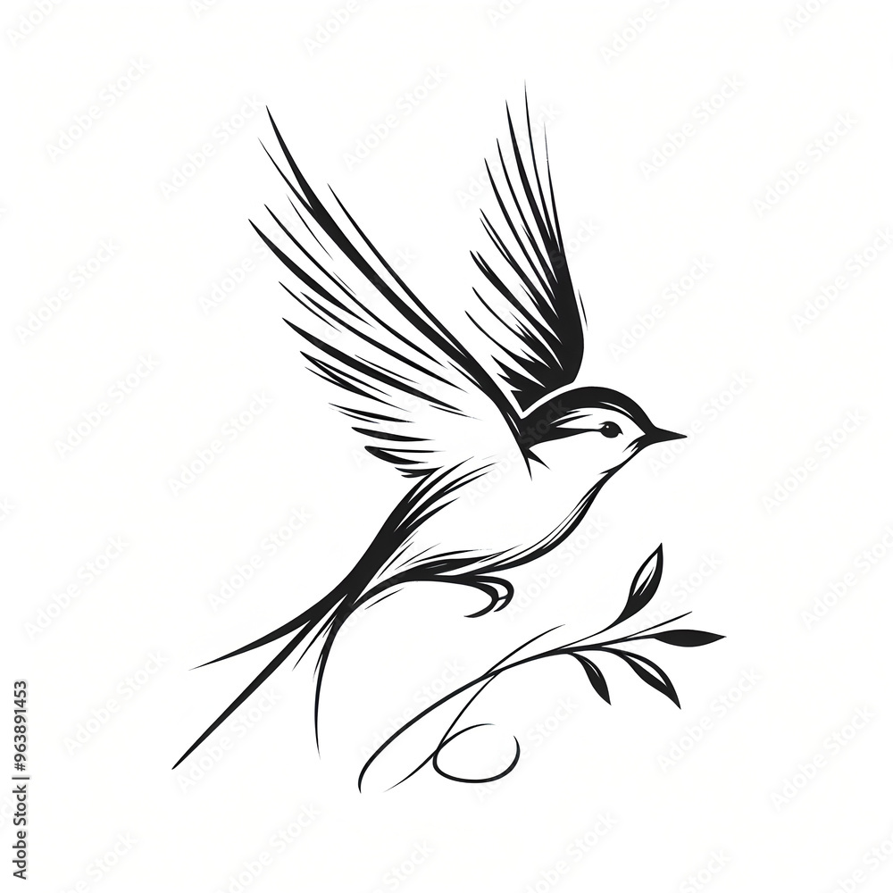 Fototapeta premium A minimalist black and white tattoo sketch of a small bird in flight, using only a few elegant lines to capture its form