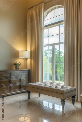 Luxurious living room with a contemporary dresser and panel window design, highlighted by a plush bench and a stylish floor lamp .