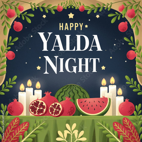 Vibrant Yalda Night Celebration with Pomegranates, Candles, and Watermelon Design