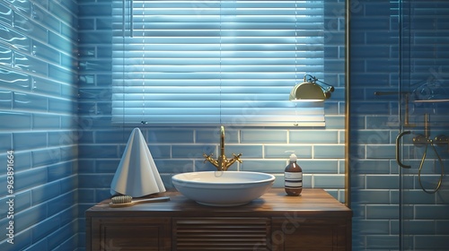 Modern bathroom with blue subway tiles, a wooden vanity, a vessel sink, and brass fixtures. The space is softly lit with ambient lighting, with white window blinds creating a refreshing atmosphere. . photo