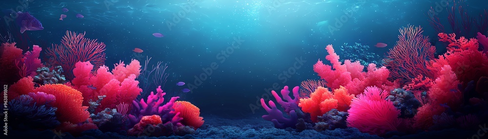 Naklejka premium Vibrant underwater scene showcasing colorful coral formations, illuminated by soft sunlight, creating a serene marine environment.