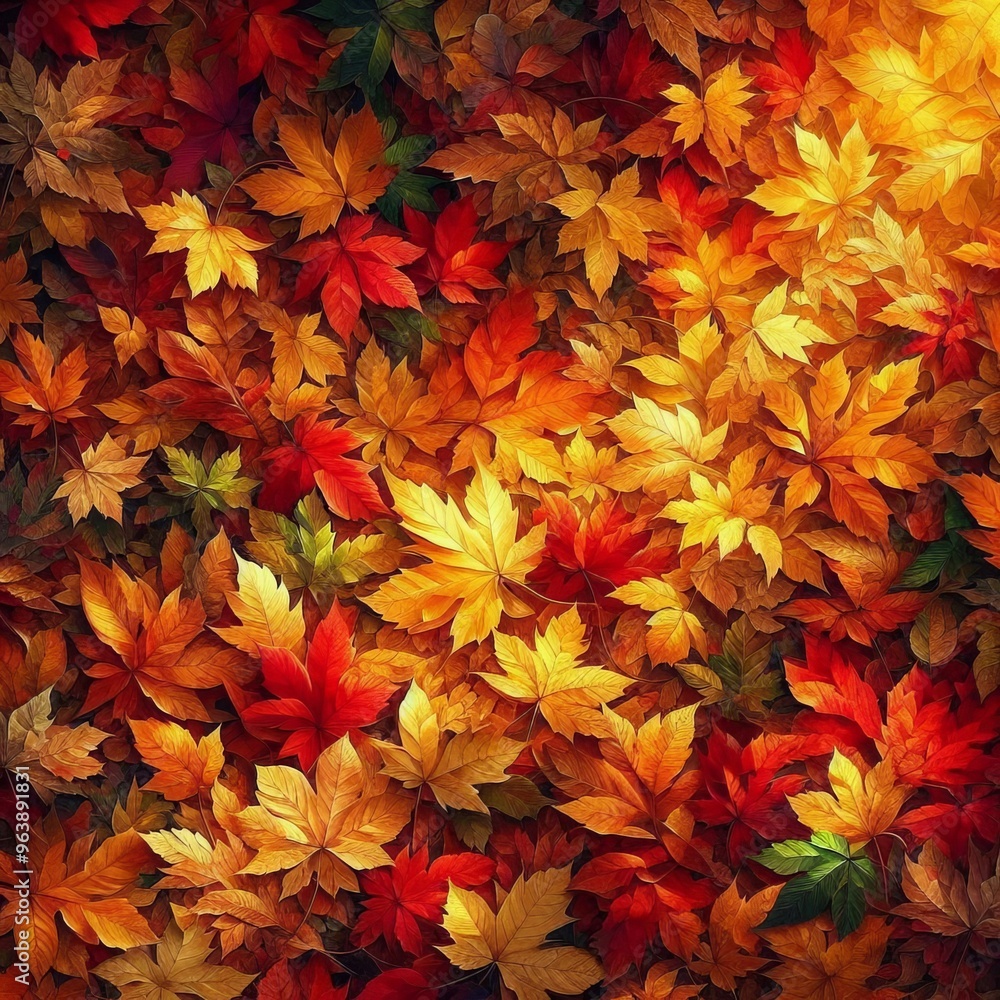 an abstract background with autumn leaves in shades of orange and yellow, featuring a floral pattern of chrysanthemums, daisies, and other colorful flowers, creating a vibrant nature an abstract background with autumn leaves in shades of orange and yellow, featuring a floral pattern of chrysanthemums, daisies, and other colorful flowers, creating a vibrant nature