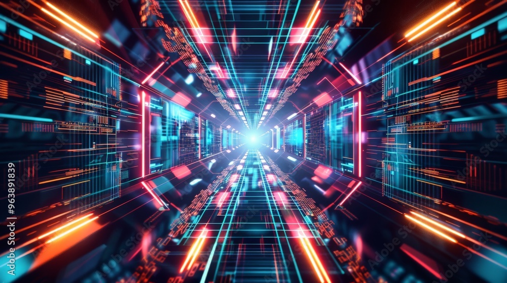Obraz premium Abstract background with futuristic tech patterns and glowing lines in high contrast