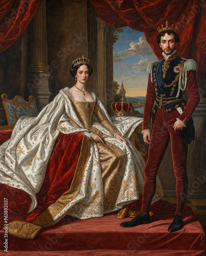 Renaissance-style portrait of a king and his queen sitting next to him, Generative AI	
