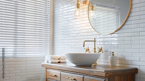 Modern bathroom with white ceramic tiles, a wooden vanity, a vessel sink, and brass fixtures. The space is softly lit with ambient lighting, with white window blinds adding a clean finish. . photo