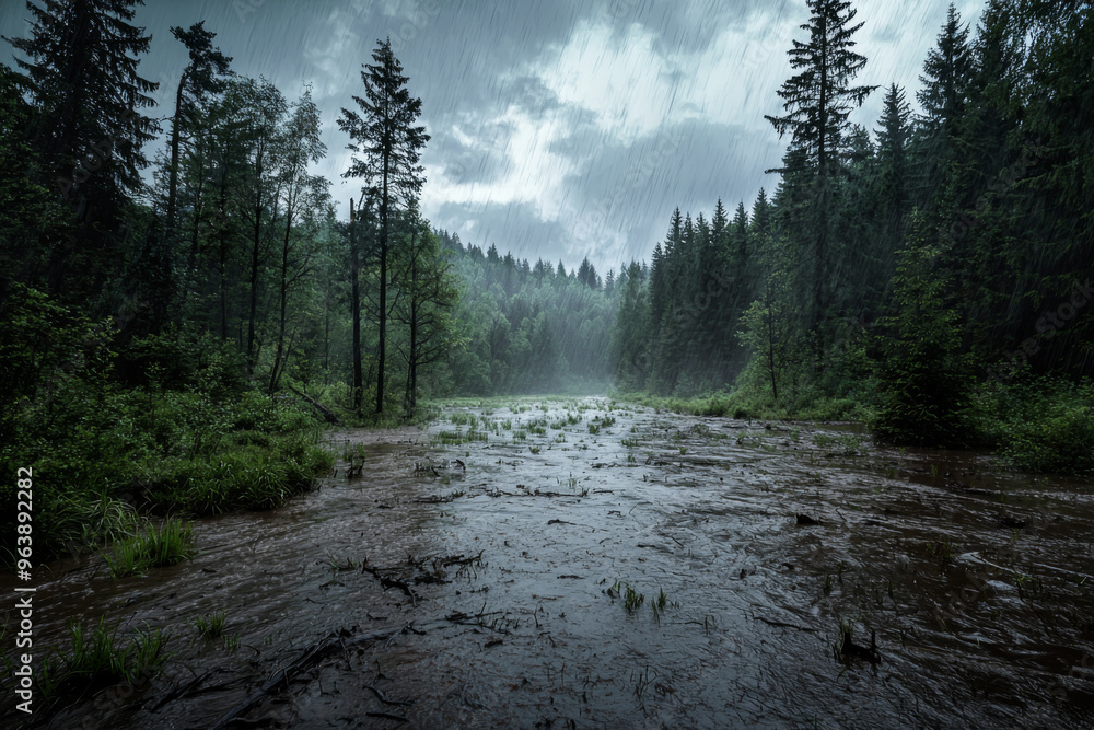 A serene forest scene with a river flowing through, under a rainy sky, capturing nature's beauty and tranquility.