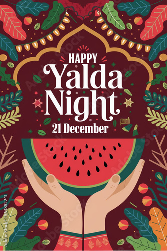 Vibrant Yalda Night Celebration with Pomegranates, Candles, and Watermelon Design