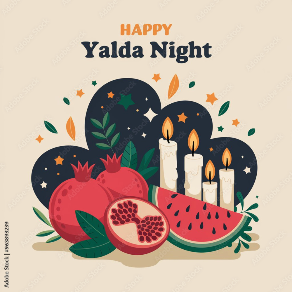 Naklejka premium Vibrant Yalda Night Celebration with Pomegranates, Candles, and Watermelon Design
