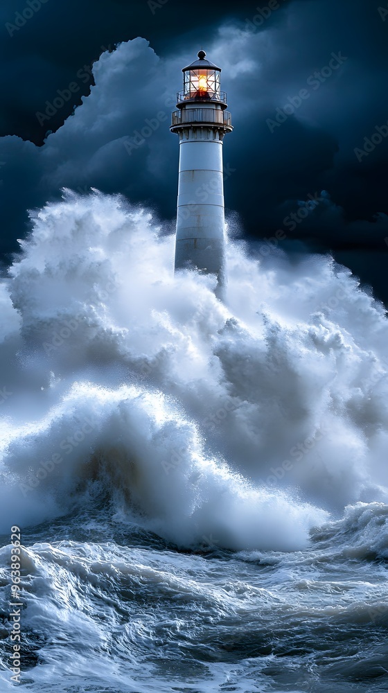Lighthouse Bathed in Light Amidst Stormy Waves Lighthouse Bathed in Light Amidst Stormy Waves