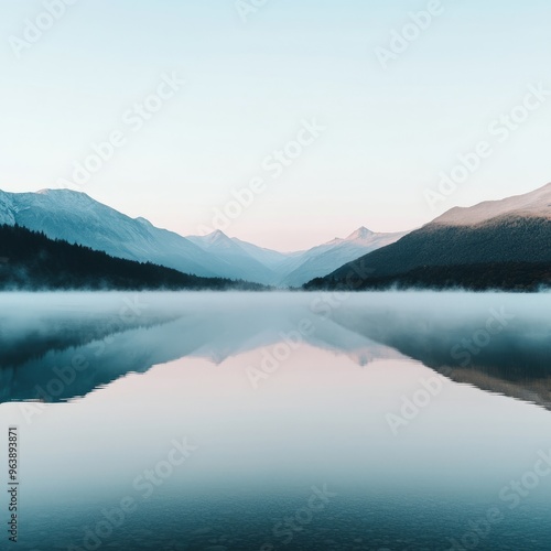 Serene mountain lake with fog and reflection.