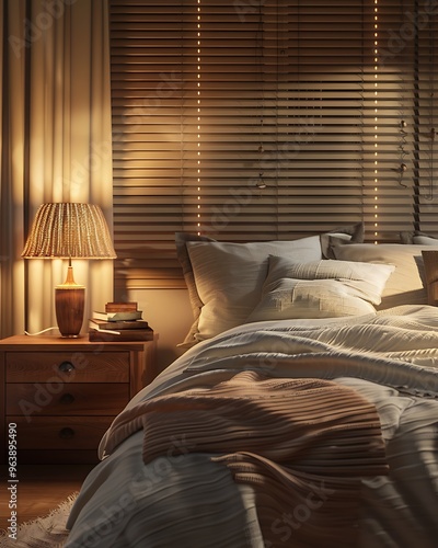 A stylish bedroom featuring a natural fabric bedspread, wooden nightstands, and soft, ambient lighting, with window blinds adding a cozy touch. . photo