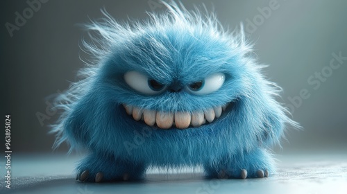 3d scary furry re3d beast cartoon character posing isolate3d on blue backgroun3d fluffy plush toy man wearing halloween costume of a hairy monster