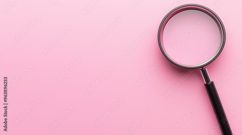 A magnifying glass sits on a soft pink surface, providing a clear focus for observation, inviting the viewer to explore further details and insights, copy space, background A magnifying glass sits on a soft pink surface, providing a clear focus for observation, inviting the viewer to explore further details and insights, copy space, background