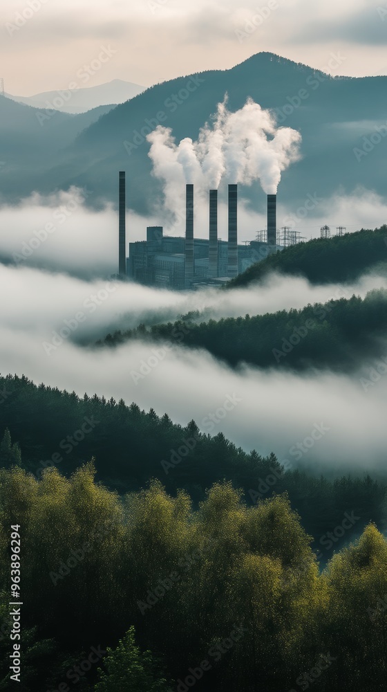 Fototapeta premium Industrial plant in a foggy mountain forest