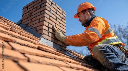 Construction worker installing brick chimney on roof