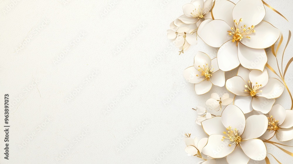 White Flowers with Gold Accents on White Background White Flowers with Gold Accents on White Background