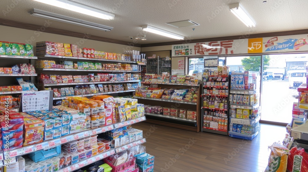Fototapeta premium Japanese Convenience Store Interior with Shelves of Snacks and Drinks