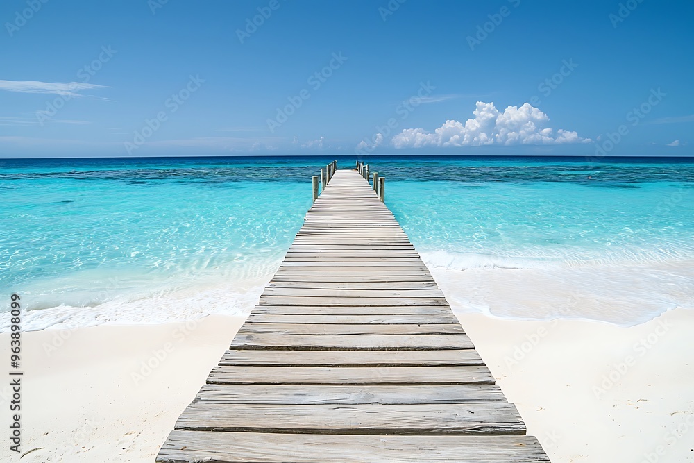 Serene Wooden Dock Leading into Crystal Clear Turquoise Waters Serene Wooden Dock Leading into Crystal Clear Turquoise Waters