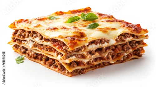 Delicious homemade lasagna stacked with layers of meat, cheese, and rich sauce, garnished with fresh herbs.