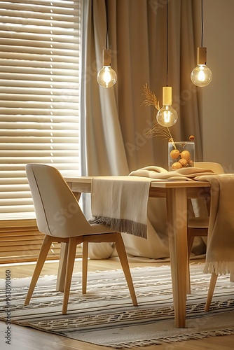 Elegant dining room design with natural color furniture, a wooden dining table, and a fabric rug. The room is softly lit with pendant lights, with window blinds enhancing the earthy tones. .