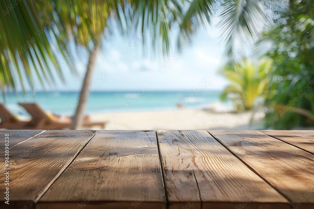 Tropical Paradise: Serene Beach View with Wooden Table Foreground Tropical Paradise: Serene Beach View with Wooden Table Foreground