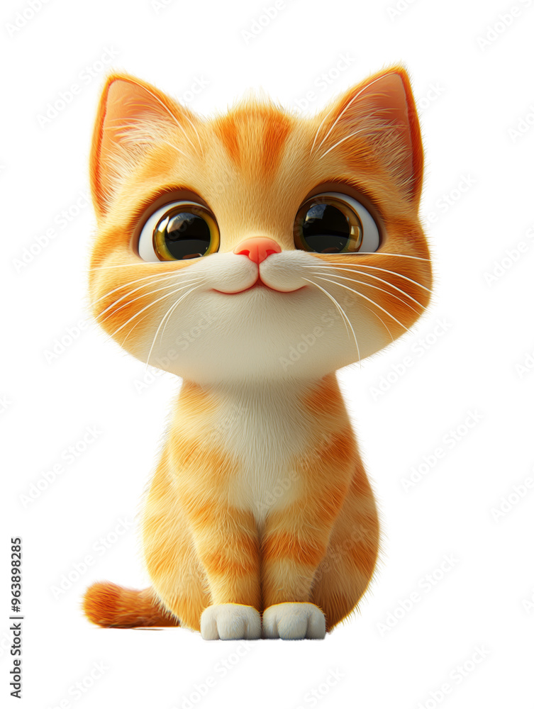 3D cartoon of a sitting orange tabby kitten with large, round eyes and a sweet, innocent expression. 3D cartoon of a sitting orange tabby kitten with large, round eyes and a sweet, innocent expression.