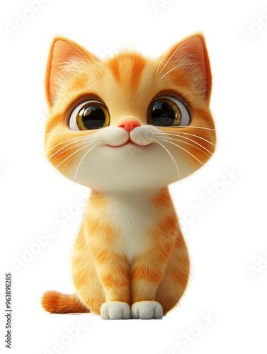 3D cartoon of a sitting orange tabby kitten with large, round eyes and a sweet, innocent expression.