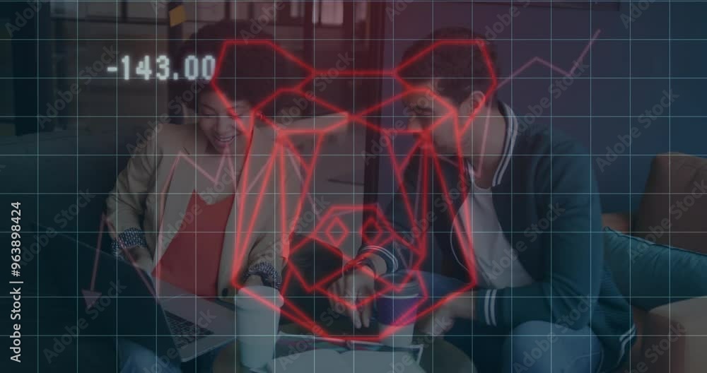 Animation of financial data processing and bear icon over diverse colleagues working in office Animation of financial data processing and bear icon over diverse colleagues working in office
