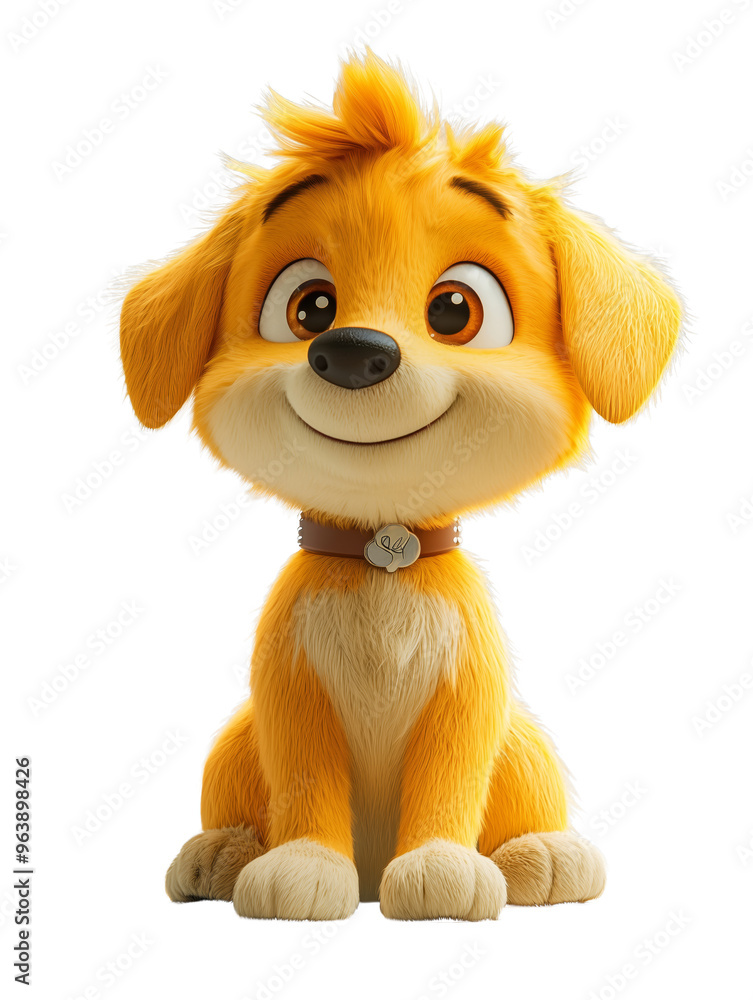 3D cartoon puppy with a golden fur coat, sitting and smiling happily, representing a friendly, playful, and lovable pet. 3D cartoon puppy with a golden fur coat, sitting and smiling happily, representing a friendly, playful, and lovable pet.