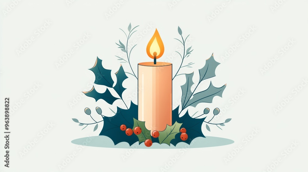 A minimalistic icon of a glowing Christmas candle with a flame, surrounded by holly leaves and berries A minimalistic icon of a glowing Christmas candle with a flame, surrounded by holly leaves and berries