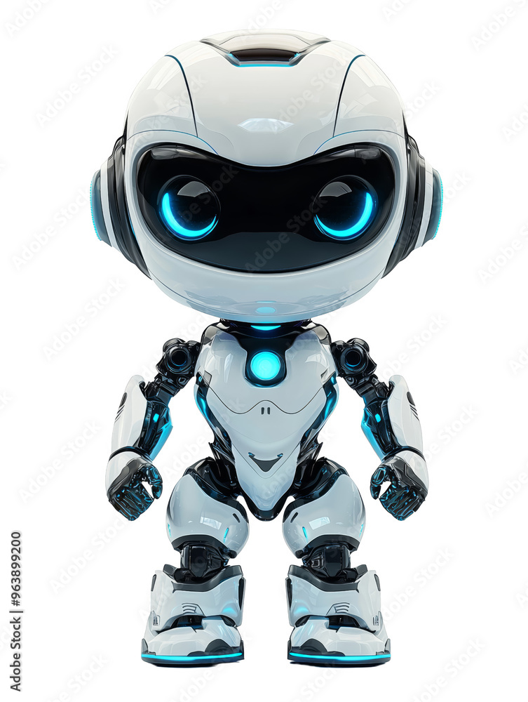 3D cartoon robot with a sleek futuristic design and glowing blue lights, standing confidently, representing advanced technology and AI.