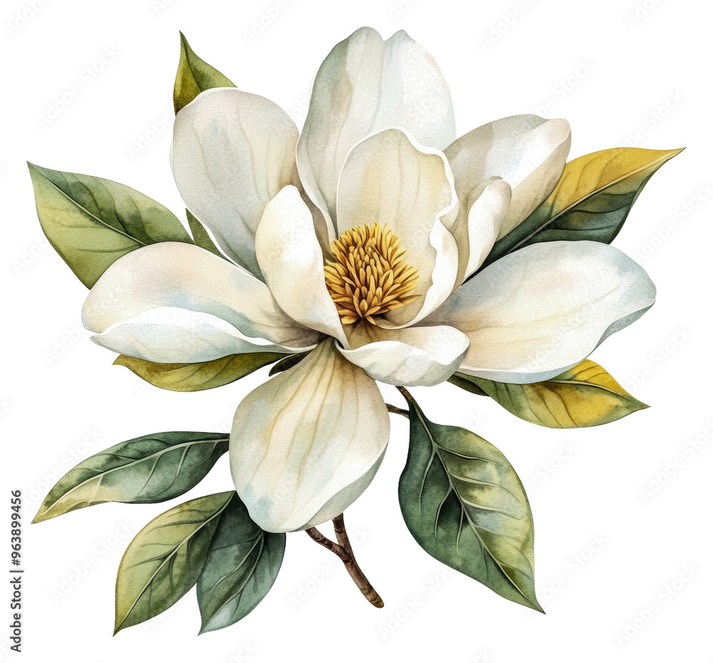 White magnolia with green leaves, cut out - stock png. White magnolia with green leaves, cut out - stock png.