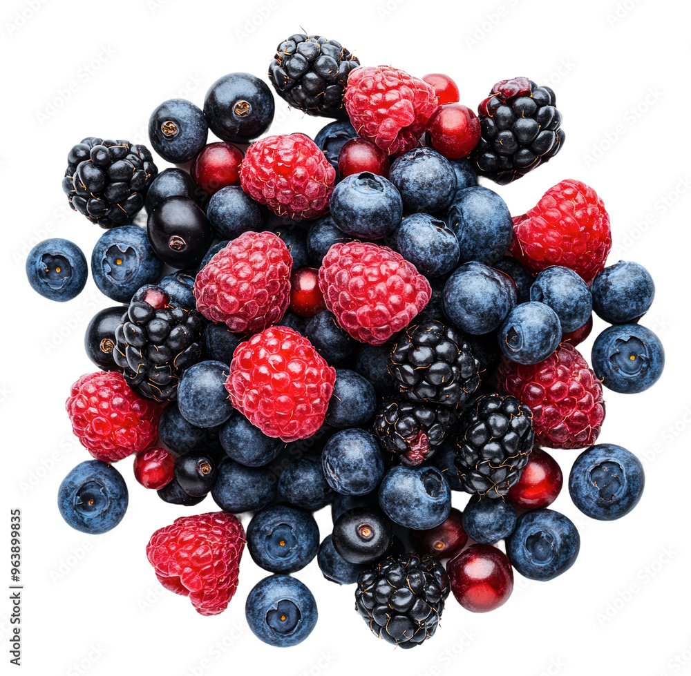 Mixed berries on white background, cut out - stock png. Mixed berries on white background, cut out - stock png.