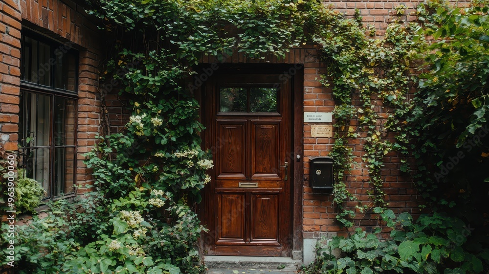 Old Wooden Door With Ivy On Brick Wall And Window Old Wooden Door With Ivy On Brick Wall And Window