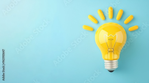 Yellow Light Bulb with Sun Rays on Blue Background
