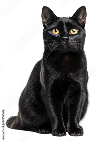 Sleek black cat with bright yellow eyes, cut out - stock png.