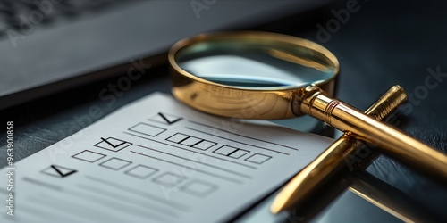 Wallpaper Mural Magnifying Glass and Checklist by Laptop on Dark Wooden Desk Torontodigital.ca