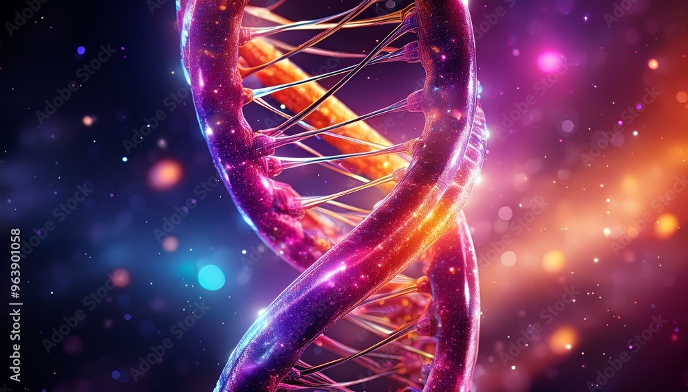 colorful double helix structure of DNA, with shades of pink, purple, and orange. The background appears dark and shiny, resembling space filled with stars and tiny glowing particles. colorful double helix structure of DNA, with shades of pink, purple, and orange. The background appears dark and shiny, resembling space filled with stars and tiny glowing particles.