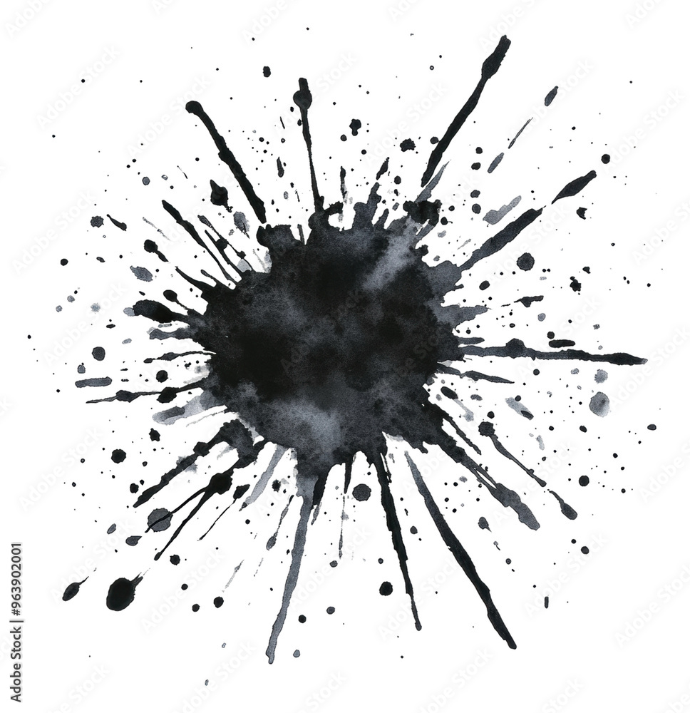 Black ink splash on white background, cut out - stock png. Black ink splash on white background, cut out - stock png.